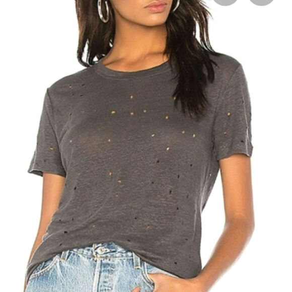 IRO Linen Distressed Crewneck Top Short Sleeve Gray T Shirt Casual Urban Boho XS - Picture 2 of 11